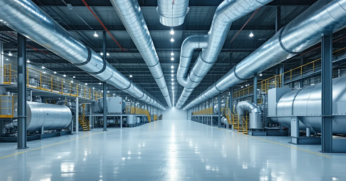 Factory HVAC system with thermal imaging showing heat distribution during shift change