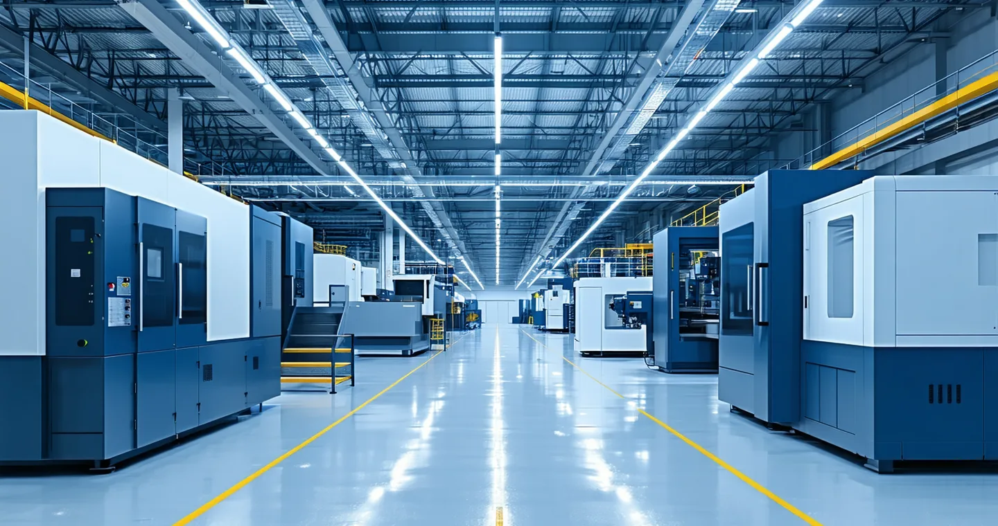 Modern manufacturing factory floor with industrial machinery and assembly lines