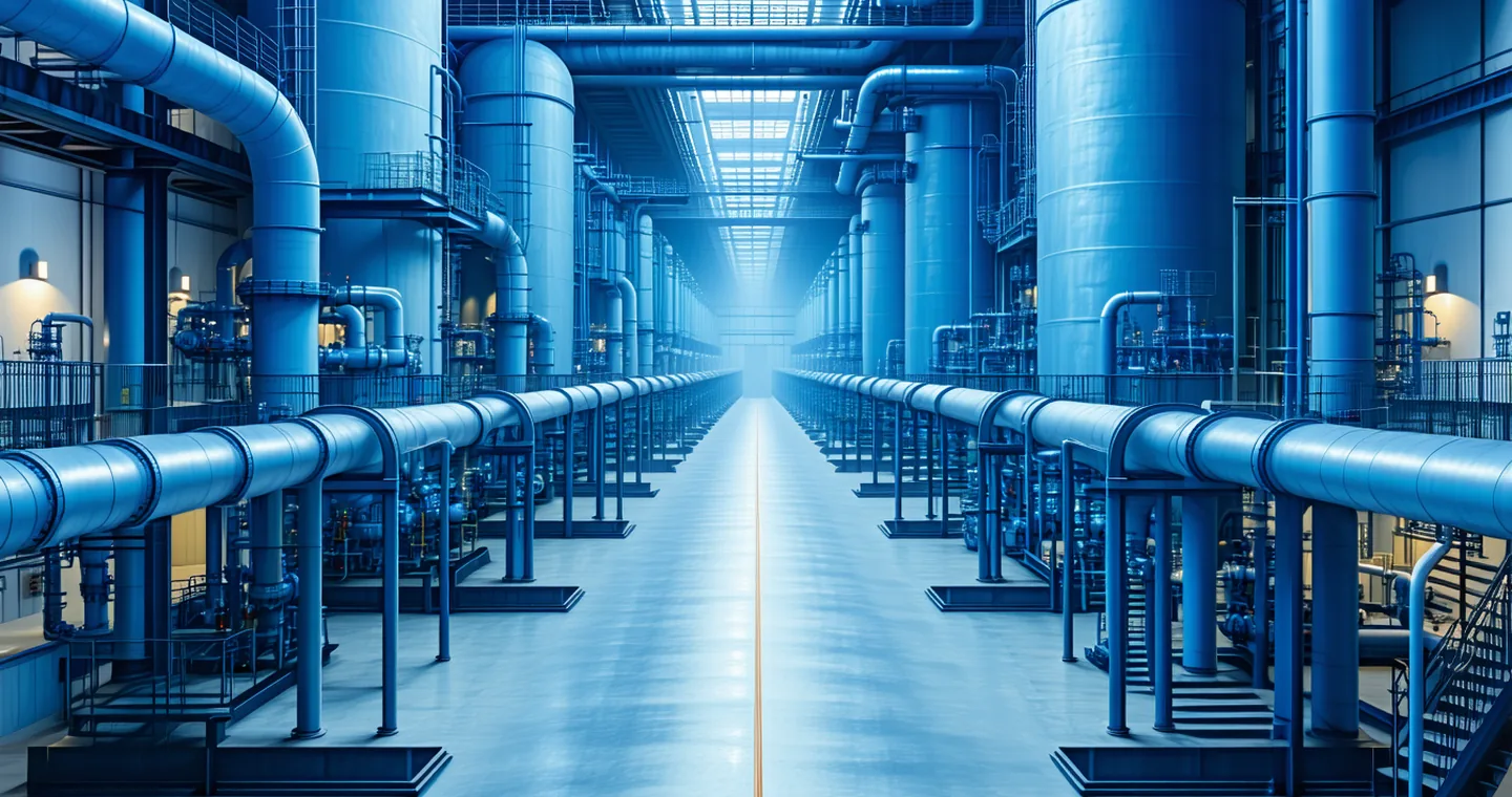 Continuous process manufacturing plant with steam pipes, heat exchangers and industrial equipment